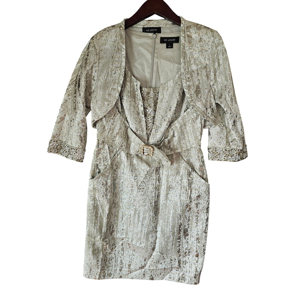 St John Womens Metallic Brocade Embellished Buckle Dress w/ Jacket Gold Silver 6
